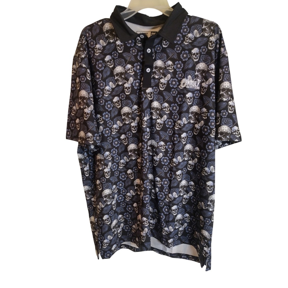 Unruly Outfitters Mens 2XL Golf Polo Shirt Skull Floral Performance Stretch Blue
